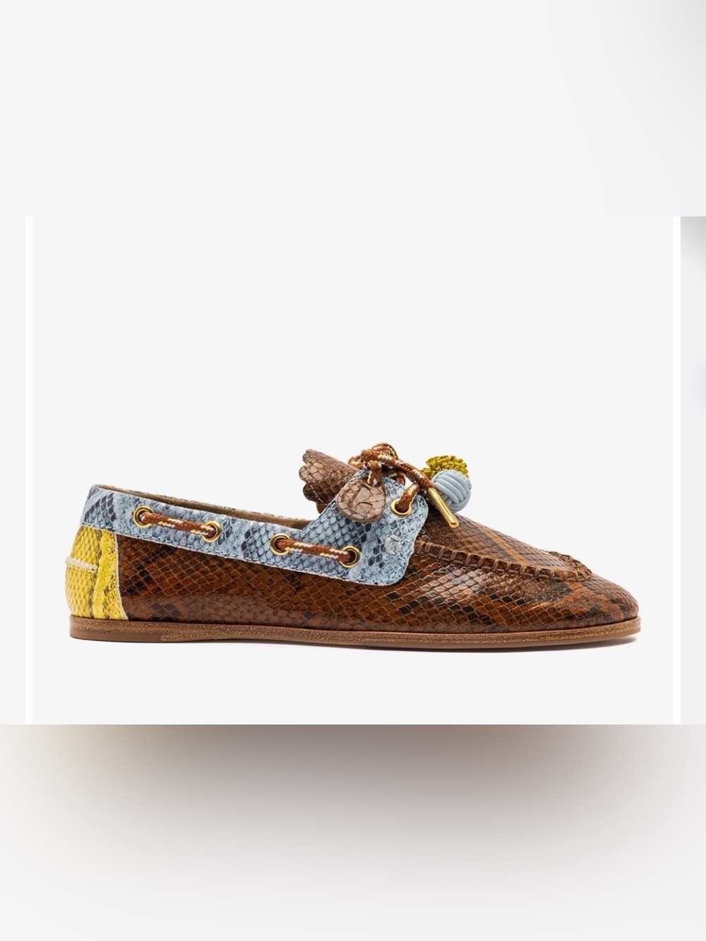 Larroude Cyprus Python Leather Boat Shoe in Oud, Maya, and Lemonade